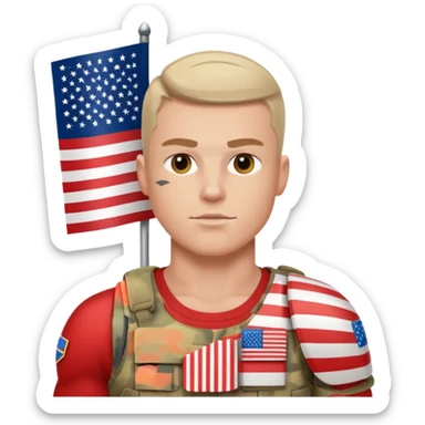 generate white powerful american soldier with small usa flag on shoulder sticker