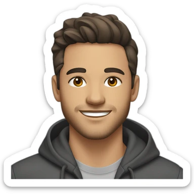 young man with short beard smiling medium long curvy rockabilly style brown hair with light skin and dark brown eyes wearing dark gray hoodie sticker