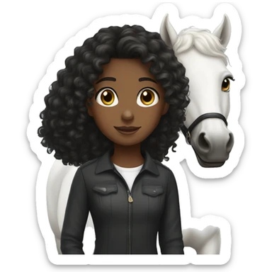 Black curly hair white  equestrian girl with brown eyes standing next to a black horse sticker