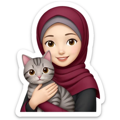 Asian white girl wearing cute maroon hijab holding a black grey tabby cat while smiling sticker