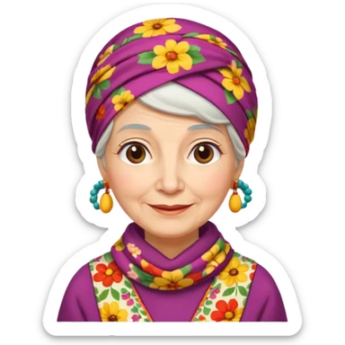 A kind old Russian village grandmother emoji — elderly woman wearing a bright floral headscarf tied under her chin, colorful patterned dress, warm smile, simple rural look. Flat minimal emoji style, clean Apple-like design. sticker