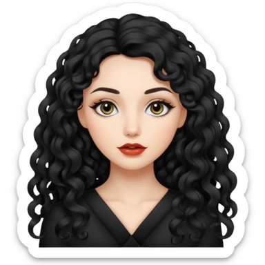 persona mujer con piel clara y rizos suaves color negro y largos  y sin volumen y con delineador en los ojos sticker