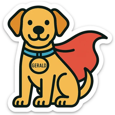playful dog named Gerald wearing a superhero cape colorful outlined icon style sticker