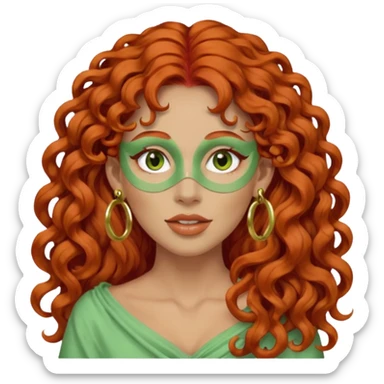 red haired very long curly haired woman with full face light green clay mask  and big earrings  sticker