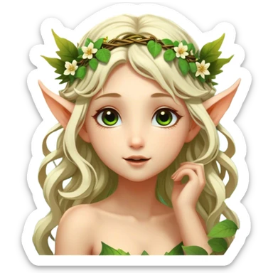 Cinematic Realistic Forest Nymph Fairy Portrait, head tilted playfully and inquisitively, showcasing a nature-inspired form with intricately detailed, sunlit tanned skin and cascading hair interlaced with leaves and blossoms. Her bright, curious eyes sparkle with forest mischief, rendered with lifelike clarity and warm, dappled lighting that captures the spirit of an enchanting woodland fairy ready to dance among the trees. sticker