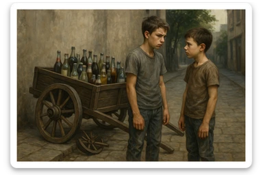 Bir g'ildiragi singan ichimliklar ortilgan arava uning yonida aka uka bir biriga havotirli nigoh bilan qarab turibdi realistik uslubda sticker