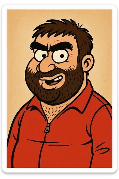 Recep İvedik, Turkish comedy character, recognizable with thick eyebrows, beard, red tracksuit, humorous expression, cartoon style sticker