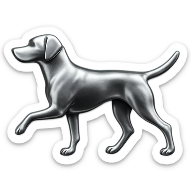               Apply a high-end, photorealistic metallic chrome material to the provided {subject}. The material should have a smooth, slightly curved surface with subtle reflections and soft shadows, resembling brushed or polished silver metal. Preserve the exact shape, proportions, and design of the original object. Set it against a solid black background (#000000) in 8K resolution. The lighting should enhance the beveled edges and reflective highlights, creating a sleek, premium finish. {subject} = dog pointing left sticker