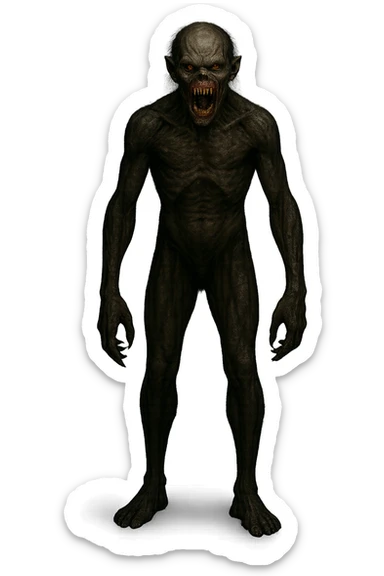 Show the entire monster, make it look huge and terrifying, hyper-realistic, horror style with sharp teeth and menacing eyes, dark atmosphere, no background. sticker