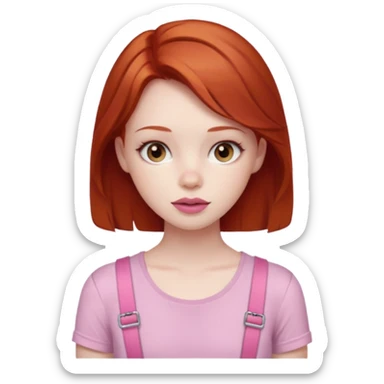 Redhead girl with deep brown eyes, pale skin with light red lips wearing a pink strap shirt sticker
