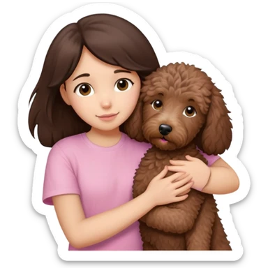 One girl with medium long dark brown hair dressing baby pink T-shirt, hugging One little brown coated labradoodle. sticker