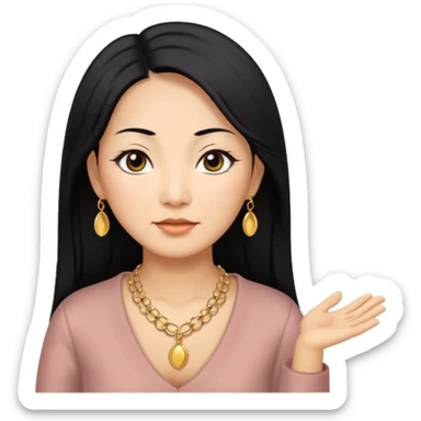 50 yr old asian woman, straight thick long black hair, big black, side part sticker