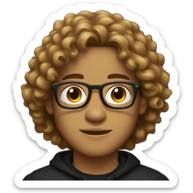 A young man wearing glasses, his skin is very light brown, and He has long curly hair and a black winter shirt as well sticker