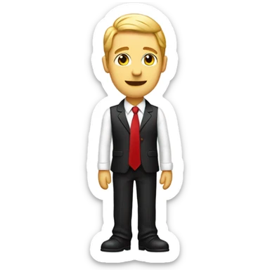 Full body picture of a male in a black suit with a white shirt and red tie holding his hand out flat as if something is resting in it sticker
