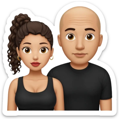 A picture of a tanned couple. the man is a Mexican man with tanned skin, a bald hair cut, short shaved beard and wearing a black shirt. the woman is mixed, with curly medium length hair in a pony tail, with big boobs and lips  sticker