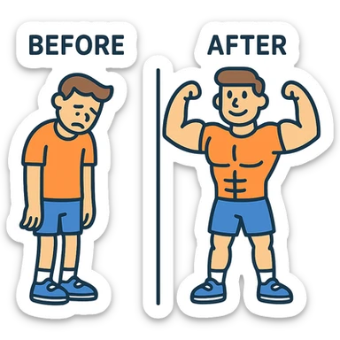 in the picture is devided in to two parts, at the first the sportsman is weak and lazy, but at the second picture the same sportsman is very strong because he doing a workout regularly. There is no line between the picture, at the first picture the is a word before, in the second picture there is a word after sticker