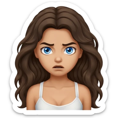 Girl with olive skin, blue eyes, brown dark insanely wavy long hair, white camisole, angry sticker