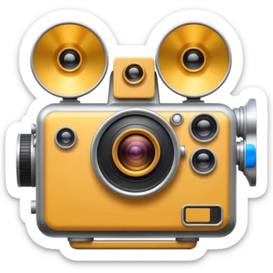 Minimal emoji icon of a huge cinematic metalic camera, front view, realistic lens, no gold sticker