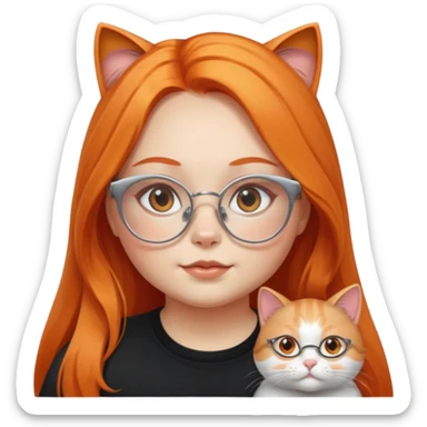 girl with chubby cheeks, very long orange hair, and silver cat-eye glasses. Black clothes. Without cat or cat ears sticker