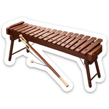 Create a detailed and professional emoji representing a Fleet FLT-SX37 orchestral long wooden xylophone. The design should showcase the large, wooden bars of the xylophone arranged in a traditional layout, with a polished, smooth finish. The bars should be dark brown or mahogany, with soft metallic reflections on the resonators underneath. Include two mallets with rubber or wooden heads resting on the bars, emphasizing their role in striking the notes. The xylophone should have a sophisticated and professional appearance, with clean lines and a polished look. Add subtle musical notes or sound waves to represent the vibrant sound produced by the instrument. The background should be transparent. sticker