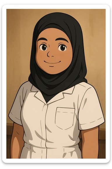 Portrait Ghibli style of a student nurse in a white short-sleeve nursing uniform with a V-neck medical tunic, left chest pocket, no collar stand, no stethoscope, warm indoor ambiance, neutral wall-style background, no clothing under the tunic. sticker