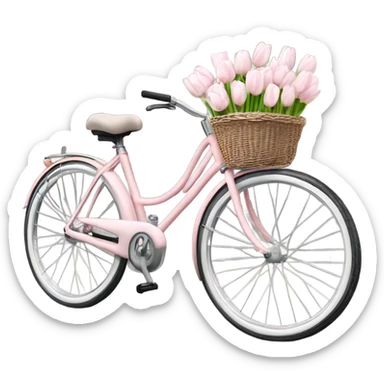 realistic light pink bicycle with basket of white tulips at front sticker