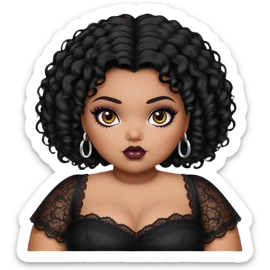 pretty bratz girl, fat pluz size body, black skin, black curly short black people hair, brown eyes, black eyeliner, black skin, gothic lace clothes sticker