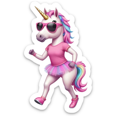 friendly anthropomorphised female unicorn with horse-like face, in tutu and pink t-shirt, wearing dark sunglasses, jogging upright in relaxed pose sticker