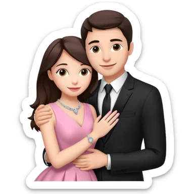 Brunette girl, with an engagement ring on her finger hugging a handsome man, (her boyfriend) both of them happy, she’s wearing a pink dress, he is wearing a black suit, he’s also a rich businessman, and there is the 💜 purple heart emoji on top. They look in love with each other.  sticker