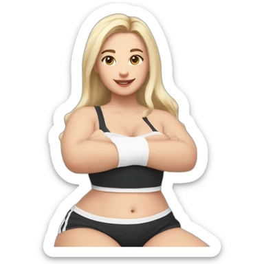 Front view full body curvy caucasian beauty sitting straight hands up black skirt white knickers white socks sticker