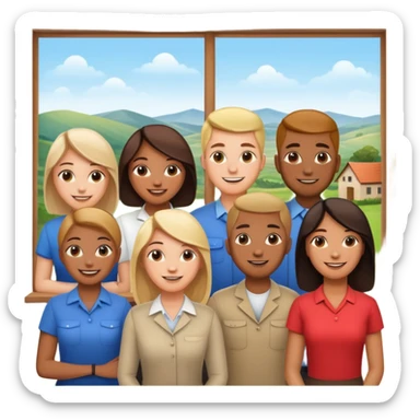 Employees of a startup company with a countryside view outside the window sticker