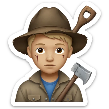 13 y/o Brian robeson at the beginning of Hatchet
distressed, has hatchet, small scratches on face, no blood on hatchet sticker