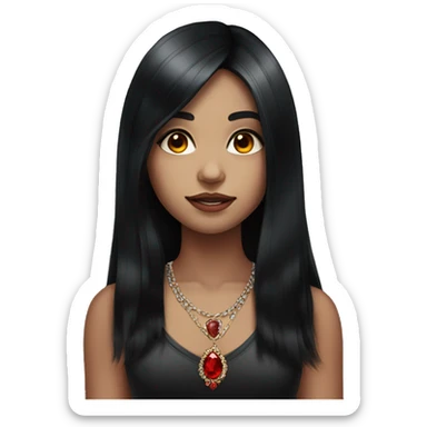 portrait of a girl with long black hair with red highlights and jewelry sticker