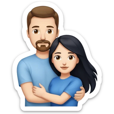 tall white man with brown hair goatee mustache wearing t-shirt and jeans hugging a shorter white woman with long black hair sticker