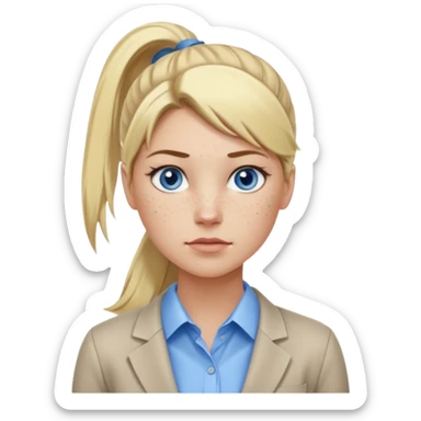 Just a head, blonde hair with lowlights in a ponytail, blue eyes, some freckles, a little older female ready to get some tasks done at work, no bod sticker