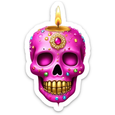 Realistic hot pink sugar skull decorated with colorful rhinestones with metallic gold candle on top of its head dripping meltdown metallic gold wax down skull sticker