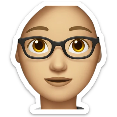 A white woman with glasses and long dark hair and brown eyes with a job sticker