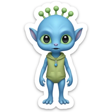 full body cute roughly humanoid peacefull alien furry with 2 legs and eye stalks stands upright and looks intelligent ...wears clothing. not green..looks happy and cudly... has 3 eyes...the alien has 3 eyes....it has an extra eye on a stalk on top of head sticker