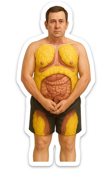a middle-aged man stands in a clinical setting, with semi-transparent overlays highlighting areas of excess body fat accumulation—such as the abdomen, chest, and thighs. The fat tissue is shown in yellow, contrasting with underlying muscles and organs. The man’s expression is neutral, and the background is clean and modern, emphasizing the educational aspect. senza scritte sticker