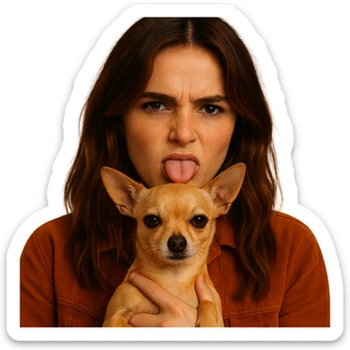 Create a centered portrait for an Instagram profile image inspired by the facial features visible in the reference images of Zoe Deutch. The subject has a tanned complexion with subtle freckles, wearing a shirt in color #FFF8CA and a rust-colored jacket. Hair is medium-length brown with auburn highlights. The expression is rebellious and playful. The subject is holding an expressive and cute beige-brown chihuahua. The style is inspired by a Netflix series with an intimate and expressive atmosphere reminiscent of Tenerife. The background should be transparent. sticker