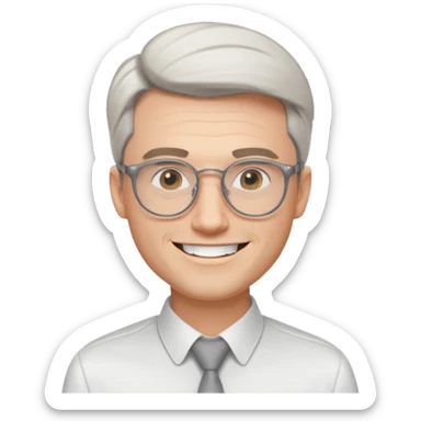 30 yr old pale white man, white/grey side swept stylish hair, round glasses, big smile, white teeth, handsome, longer hair, thin glasses, white dress shirt, smooth forehead, botox, no tie sticker