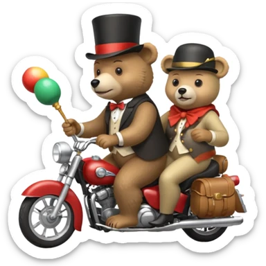 A bear wearing a top hat and holding maracas while on the back of an old lady who is driving a motorcycle sticker