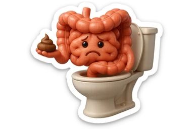 emoji stile iphone di un intestino realistico 3d che esce dal wc con in mano una montagnetta di feci con espressione triste a palline, iperrealistico 4k sticker