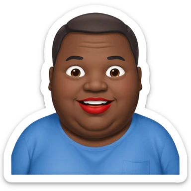 an extremely obese man with extremely dark skin and giant red lips wearing a blue-and-gray shirt sticker