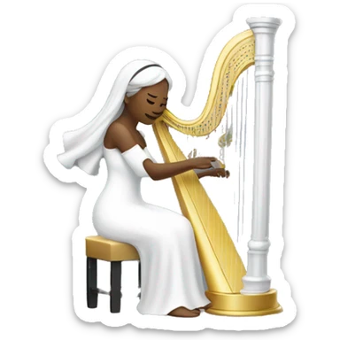 A woman in a white habit plays a silver harp sticker