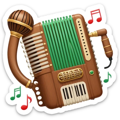 Create a warm and inviting humanless emoji representing folk singing. The design should feature a traditional microphone, perhaps with a wooden texture, symbolizing the rustic and authentic feel of folk music. Surround the microphone with subtle elements such as a hand-played tambourine, an accordion, or a balalaika to reflect the folk instruments. Add flowing musical notes to symbolize the vocal melodies. Use earthy, natural colors like browns, reds, and greens to evoke a sense of tradition, warmth, and connection to the community. The background should be transparent. sticker