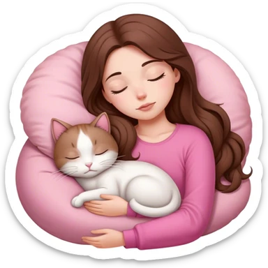 A pretty white girl with very long brown hair and pink clothing sleeping curled up to a white cat  sticker