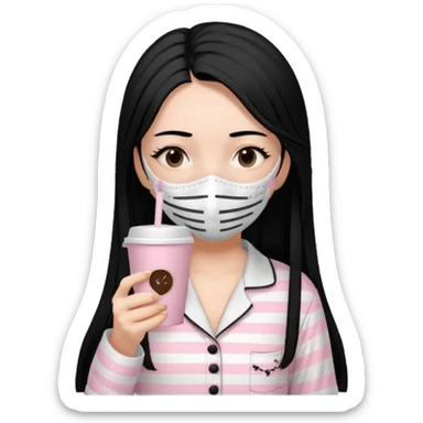 chica de pelo lacio color negro cabellera larga piyama blanca con rayas rosa claras peo no tan claras no oscuras el bordado es negro al igual que los botones )tiene una mascarilla para la carablanca y sostiene y cafe con bolitas nedras al dondo con unsorbete tranparente y es de test blanca  sticker