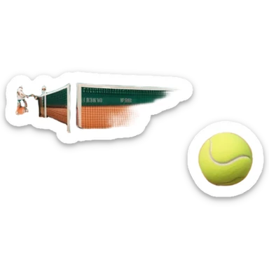 A tennis court at the Roland Garros tournament, with the iconic clay surface and a tennis ball bouncing near the net. The scene evokes the energy and excitement of the grand event, with vibrant crowds in the stands and a competitive atmosphere. sticker