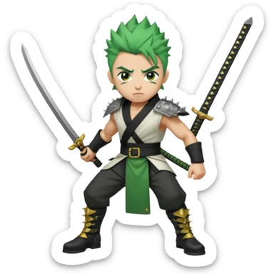 Muscular scarred warrior, short spiky moss-green hair, sharp steel-grey eyes, strong jaw, serious stare. Black trousers, boots, green sash with three katanas, open white coat, three gold earrings. Cinematic, ultra-realistic. sticker